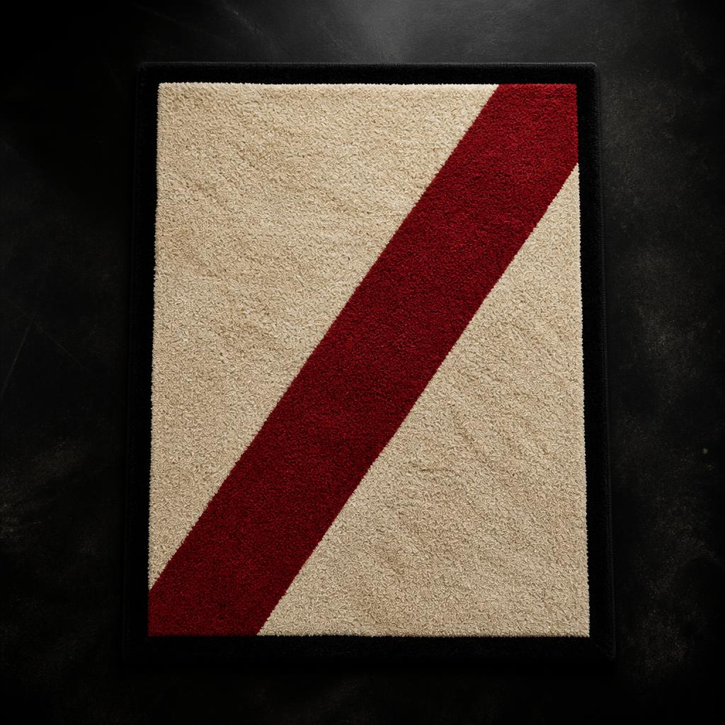 Dusk Stripe rug — cream field with a bold deep red stripe on black