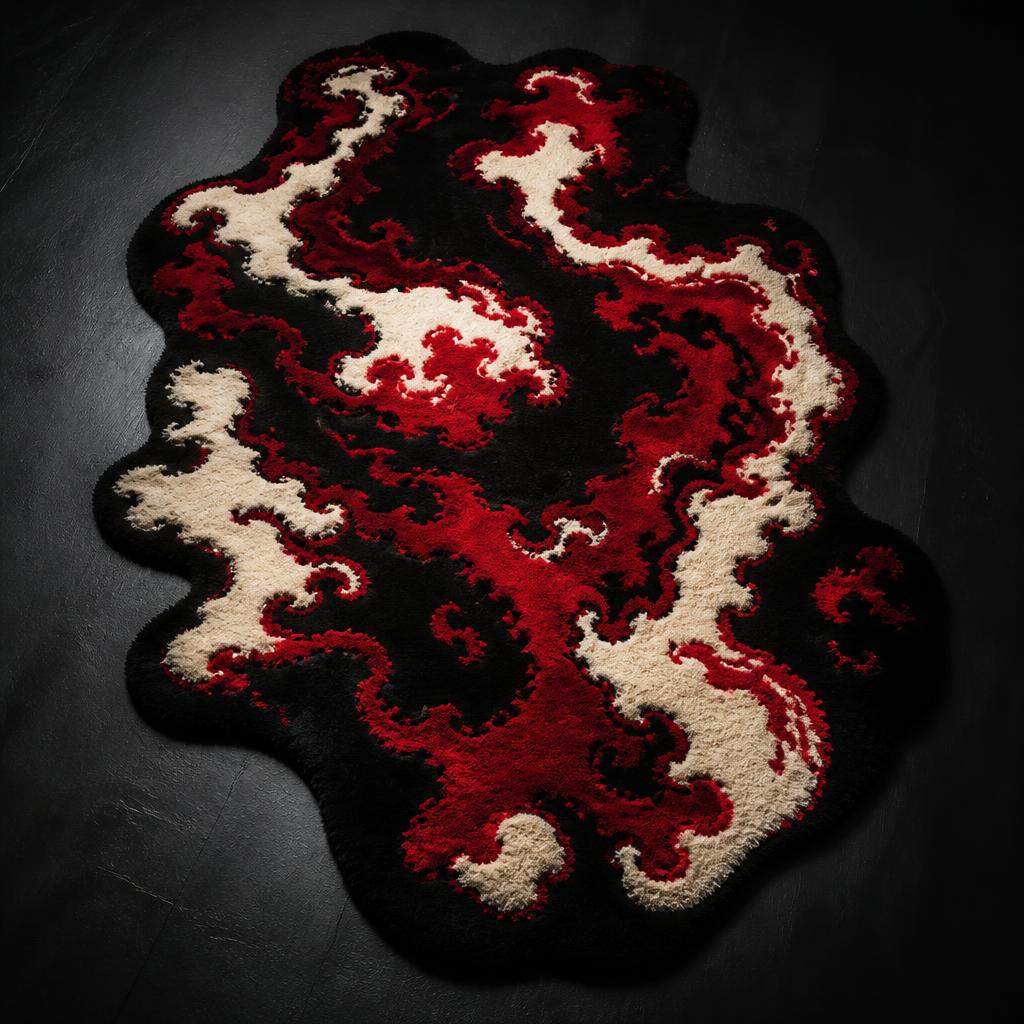 Molten Core rug — irregular blob-shaped piece in red, cream and black