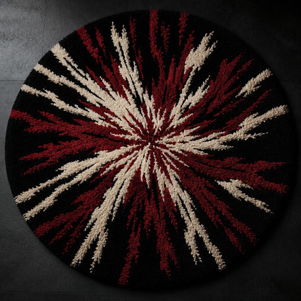 Solar Flare rug — deep red and cream sunburst on black